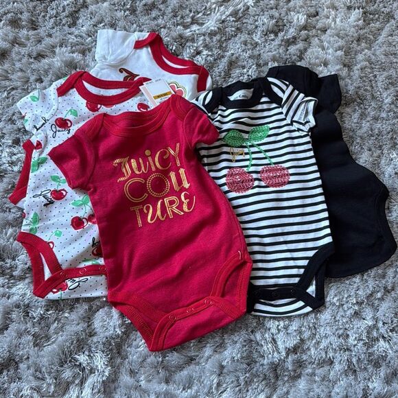 Juicy Couture Baby Girls 5 Packs Bodysuit, Red/White/Black, 0-3 Months